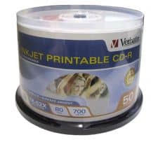 Verbatim Inkjet Printable CD-R, 700MB, 52X, Cake Box, Silver, 50 Pack