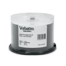 Verbatim Wide Inkjet Printable CD-R, 700MB, 52X, Cake Box, White, 50 Pack