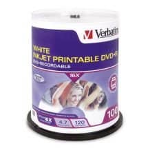 Verbatim Inkjet Printable DVD+R, 4.7GB, 16X, Cake Box, White, 100 Pack