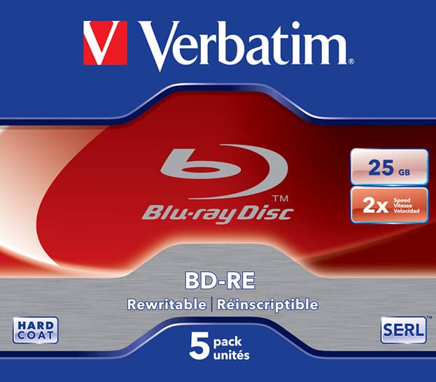 Verbatim BD-RE Blu-ray Disc, 25GB, 2X, 135 Min, 5 Pack