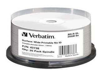 Verbatim Wide Printable BD-R Blu-ray Disc, 25GB, 6X, 25 Pack, Cake Box